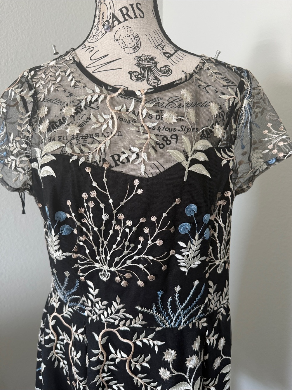 Adrianna Papell Black Sheer Yoke Floral Embroidered Fit & Flare Dress - Picture 2 of 5